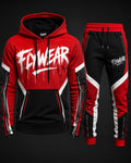 FLYWEAR red, black, and white color-blocked hoodie and jogger set with graphic print and zippered pockets.